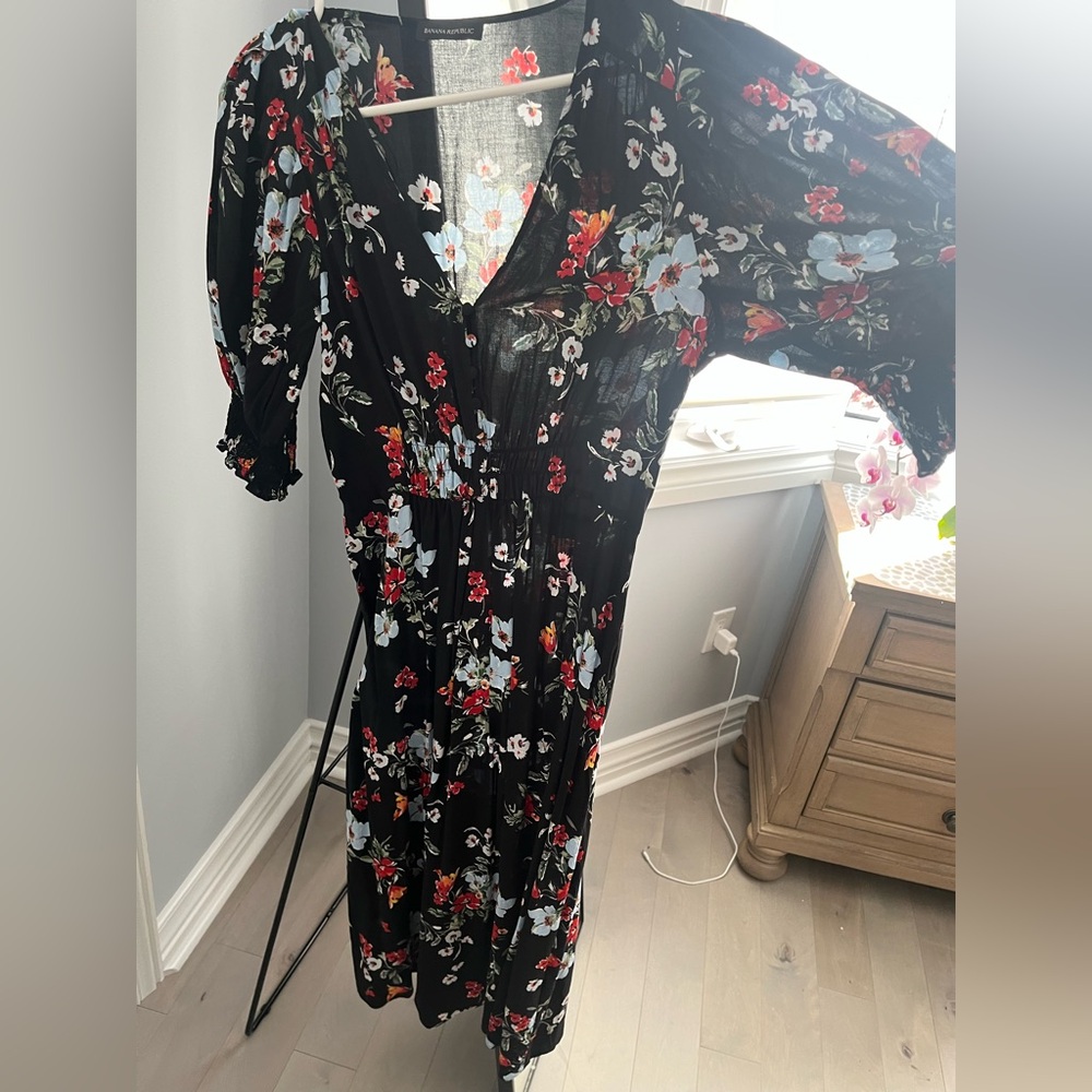 Banana Republic Black Dress with Red Floral Design